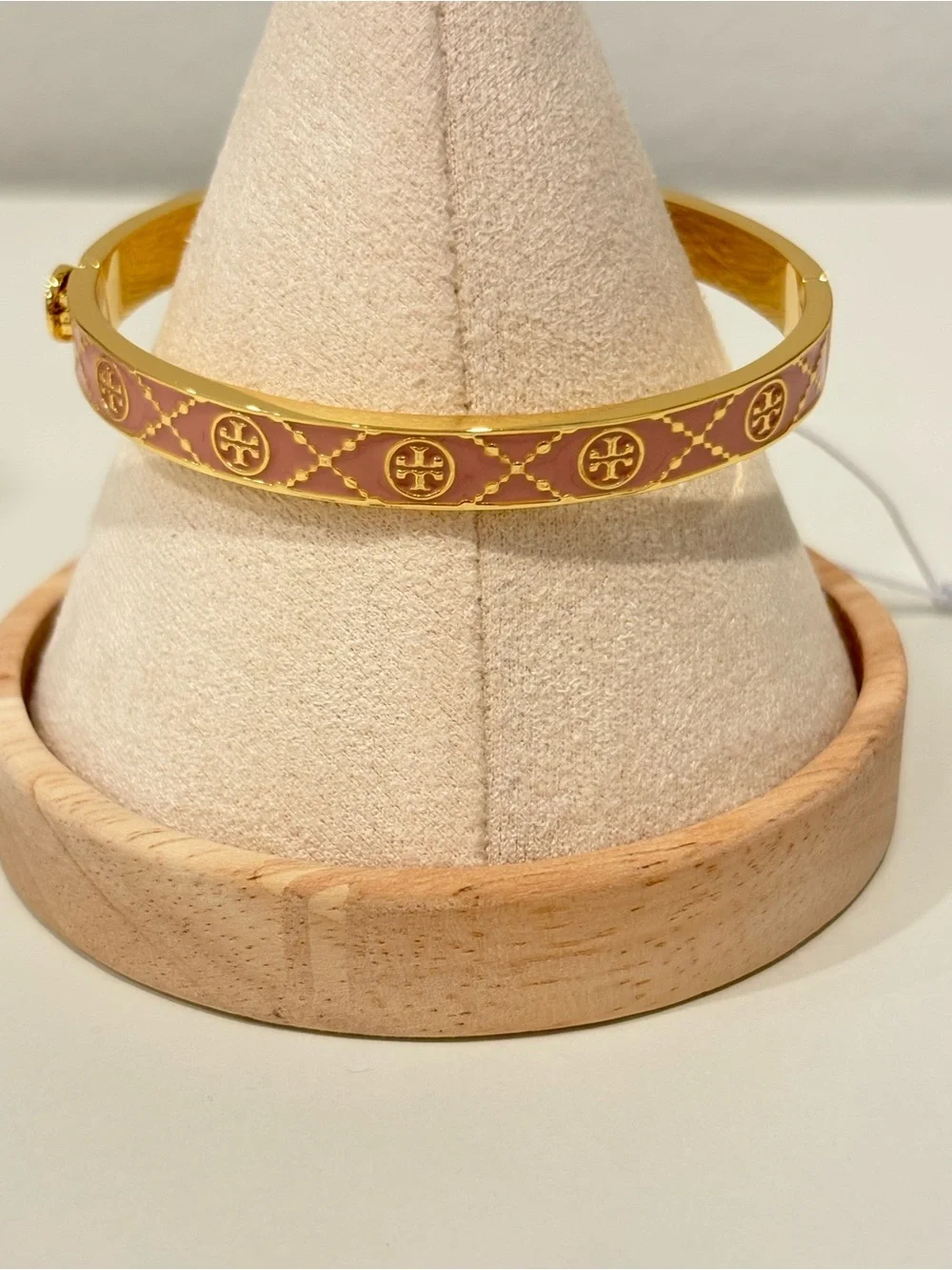 Tory Burch Pink Enamel Gold-Tone Logo Bangle Bracelet